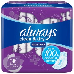 Always Clean & Dry Maxi Thick Sanitary Pads With Wings, Large x 10